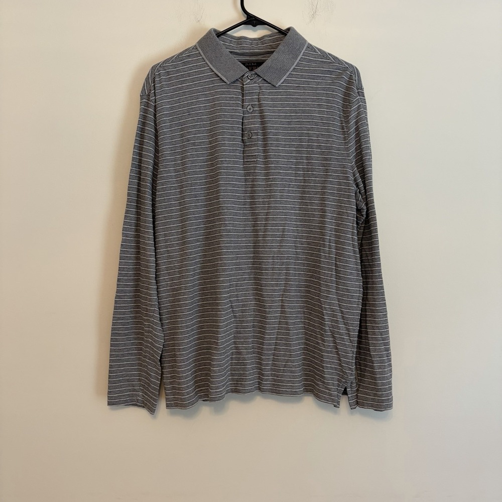 Jos A Bank L Polo Long Sleeve Shirt Tailored Fit Gray Striped Casual Going Out